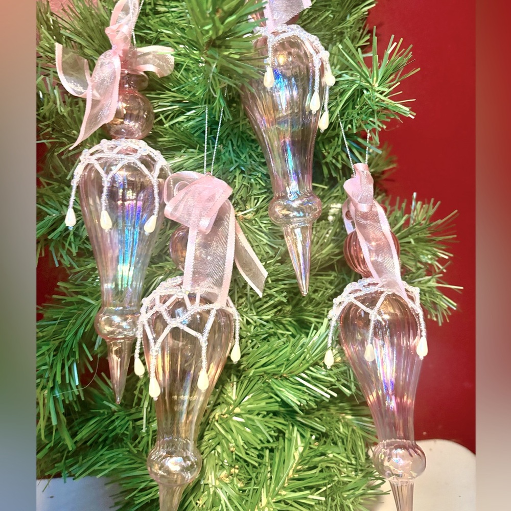 Set of 4 iridescent pink blown glass ornaments with bow and beaded design